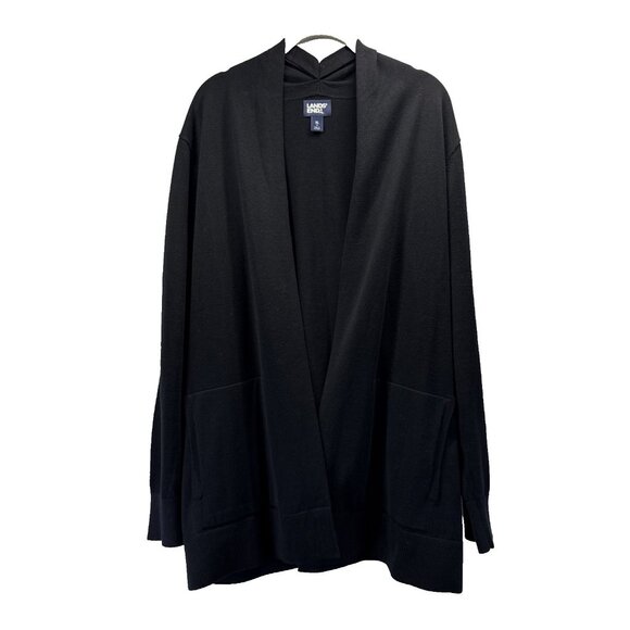 Lands End Women's Open Cardigan Knit Sweater XL Solid Black Pockets Long Sleeve - Picture 1 of 9